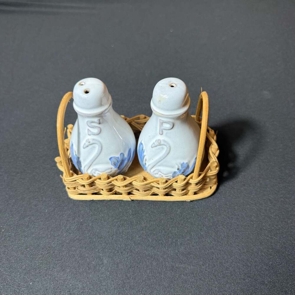 Vintage Ceramic Swan Salt and Pepper Shakers with Woven Basket Holder